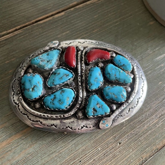 Rare Vintage Effie C Calavaza Turquoise and Coral Sterling Belt Buckle - Picture 2 of 14